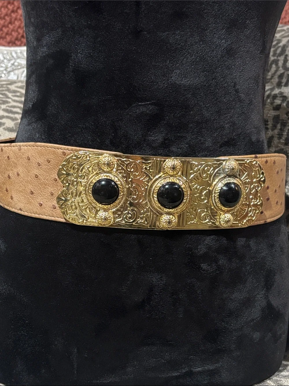 Vintage maximalist belt faux ostrich gold tone gladiator buckle leather belt